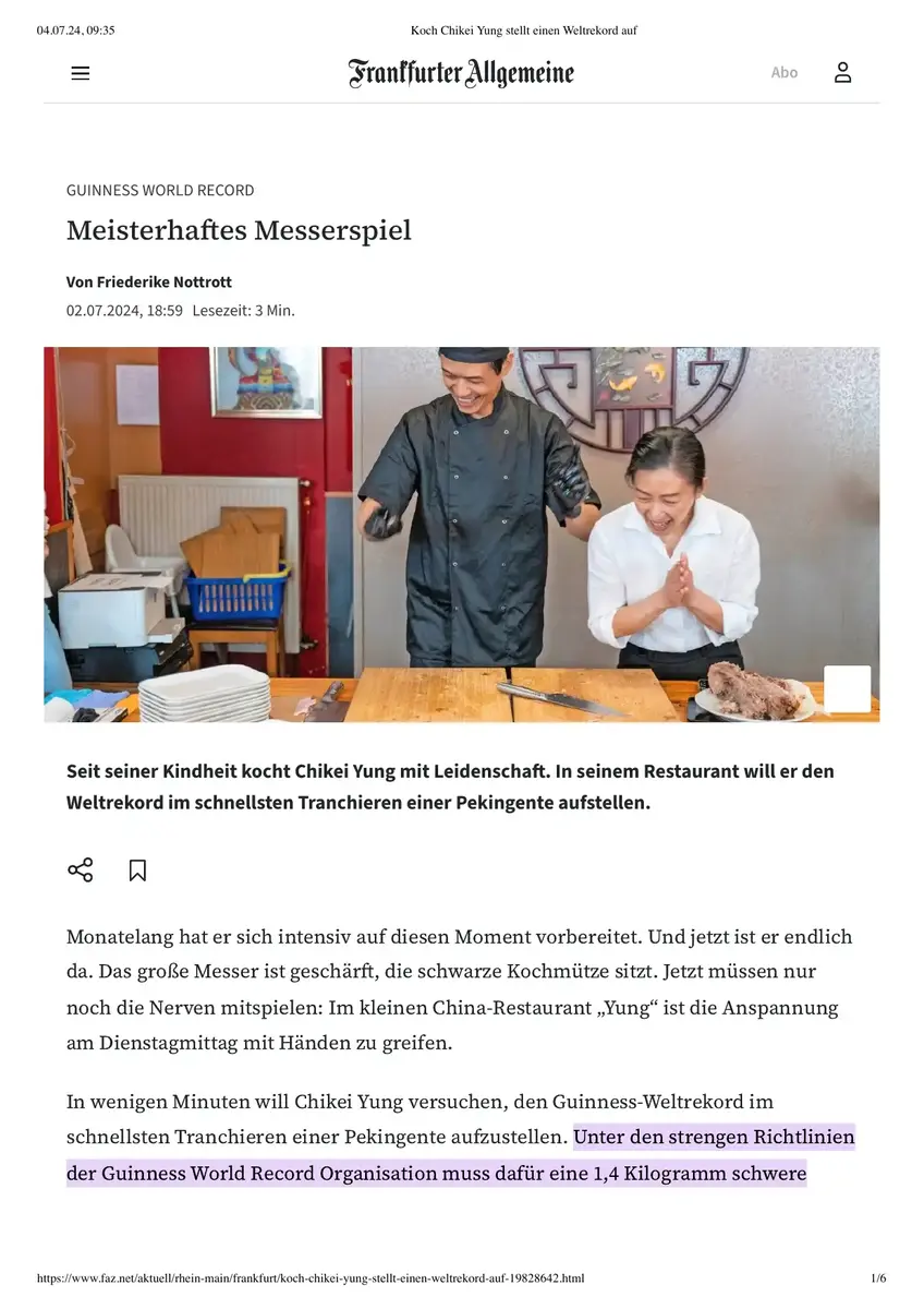 Peking Ente, Guiness Weltrekord - berichtet von Frankfurter Allgemeine am 03.07.2024 Peking Ente, Guiness Weltrekord - berichtet von Frankfurter Allgemeine am 03.07.2024