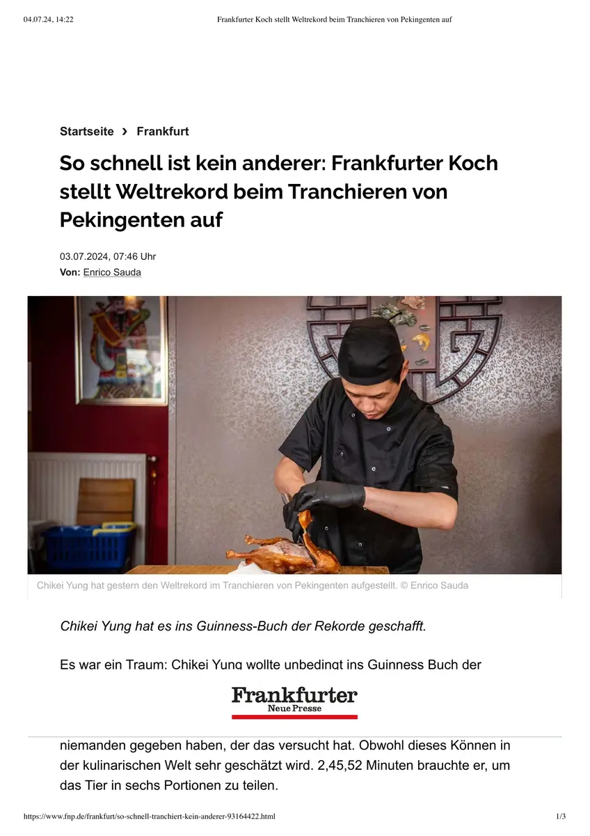 Peking Ente Weltrekord - Frankfurter Neue Presse am 03.07.2024  Peking Ente Weltrekord - Frankfurter Neue Presse am 03.07.2024