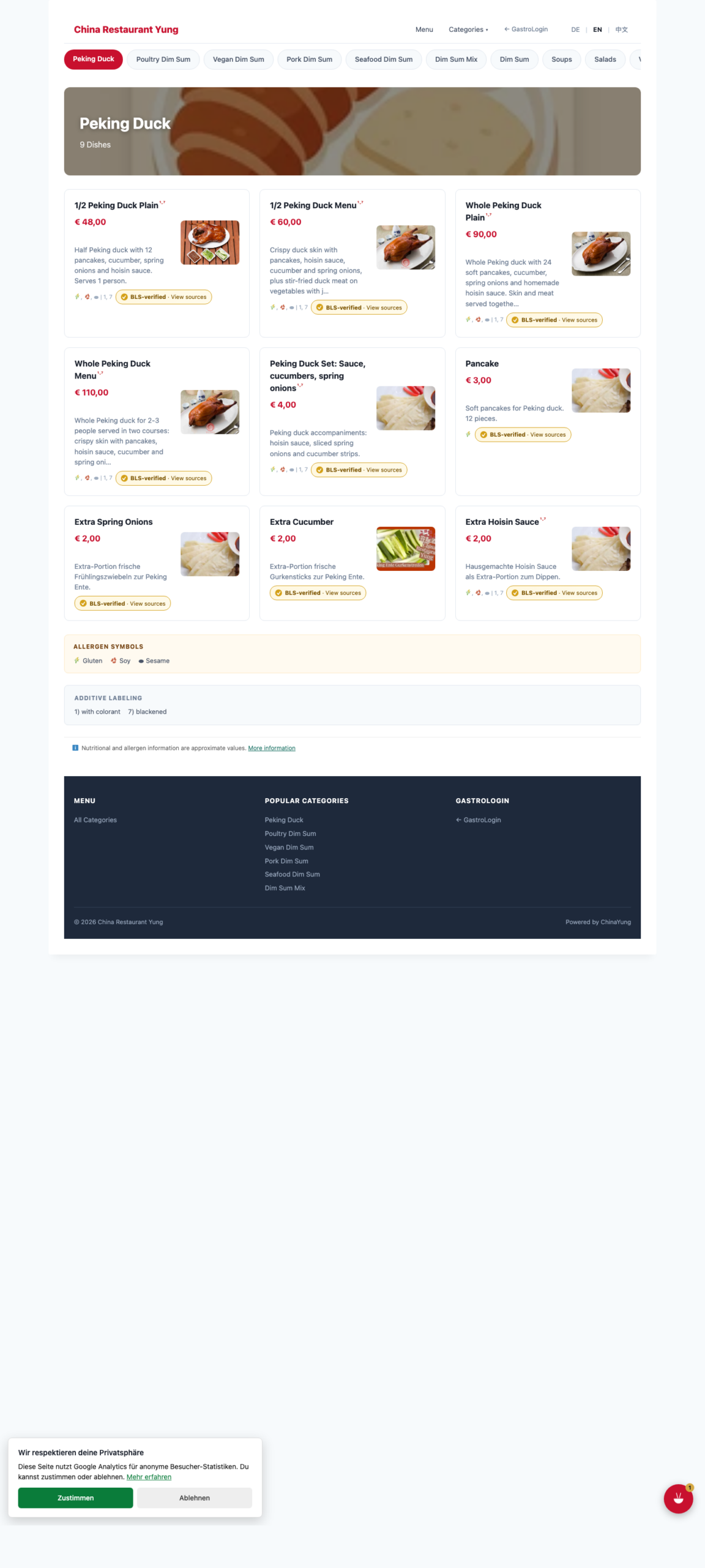 Peking Duck Menu &mdash; Allergen with ingredient source